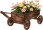 Wooden Flower Cart with Wheels Wooden Wagon Planter Outdoor Garden Planter Decor Planter for Patio Balcony Trolley Decoration Succulent Flower Pot, Indoor Backyard Balcon Decor（Large）