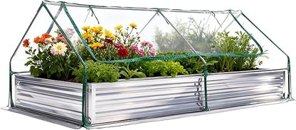 DUMOS Raised Garden Bed with Cover, 8x4x1ft Planter Box Outdoor for Deep-Rooted Herbs/Flowers/Vegetables, Extra Large Metal Garden Bed Mini Greenhouse for Patio, Balcony and Backyard, Silver