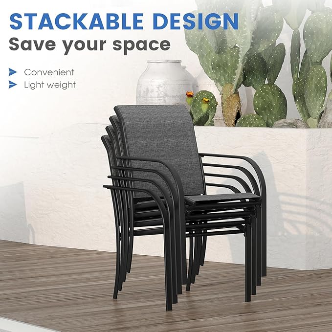 VICLLAX 5 Pieces Patio Dining Set for 4, Outdoor Furniture Set Includes 40.7" Round Patio Table and 4 Patio Stackable Chairs, Grey Wood Grain Tabletop and Grey Fabric