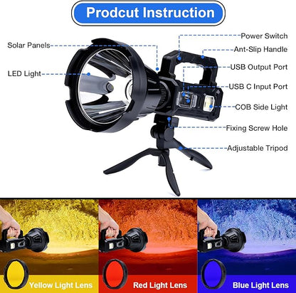 Rechargeable Spotlight Flashlight, Peascat 3,000,000L Lumens LED Handheld Spot Light, 6 Modes, 3 Colored Lenses, Solar & USB-C Charging, Tripod, IPX6 Waterproof for Fishing, Camping, Outdoor Emergency