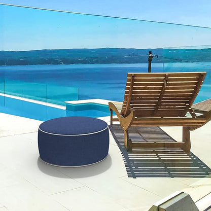 LVTXIII Outdoor/Indoor Inflatable Ottoman, All Weather Water-Repellent Round Footrest Stool with Handle, D21”x H9” Portable Pouf for Patio Garden Camping or Home-Navy Textured