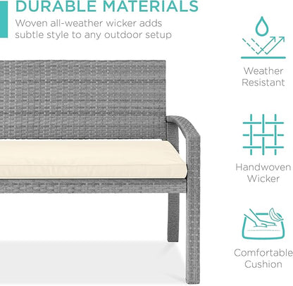 Best Choice Products Outdoor Bench 2-Person Wicker Garden Patio Benches Seating Furniture for Backyard, Porch w/Seat Cushion, 700lb Capacity - Cream/Gray