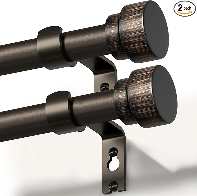 2 Pack Modern Antique Brown Bronze Curtain Rods for Windows 16 to 60 Inches Adjustable Heavy Duty 1" Diameter Window Rod with Decorative Finials for Outdoor Farmhouse Bedroom Kitchen Living Room