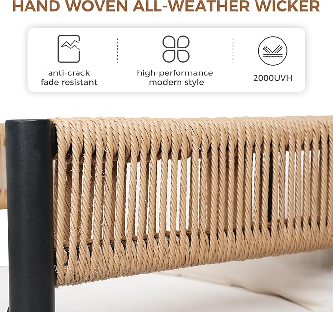 Grand patio Outdoor Dining Set, 7-Piece Patio Table and Chairs Set, Metal Woven Wicker Fixed Patio Chairs with Thickened Cushions & 1 Rectangular Woodgrain Dining Table with Umbrella Hole (Natural)