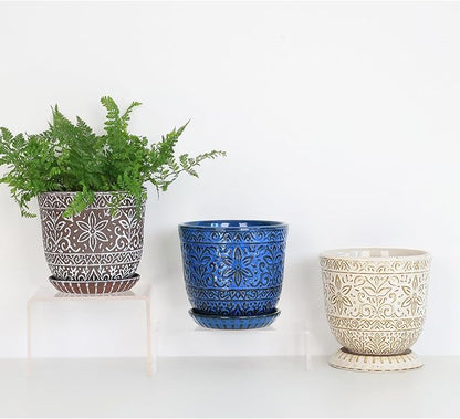 Gepege 6 Inch White Ceramic Planter, Plant Pot with Drainage Holes and Saucers for Indoor Plants, Birthday for Women Mom
