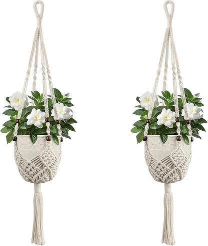 USLAI Macrame Plant Hanger Indoor Outdoor, Fits 3 to 6.5 inch Pots, Hanging Planter Holder with Beads and Tassels, Boho Home Decor, 35+35 Inch, Ivory (POTS NOT Included)