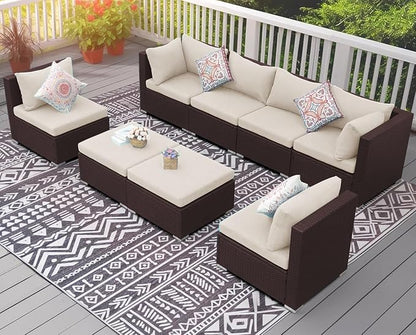 NICESOUL 8 Seat 29.3'' High Back Outdoor Furniture Set, Extra Large Rattan Patio Conversation Sets, Deep Seating Modular Sectional with Ottoman, Oversized Conversations for Backyard, Brown and Beige