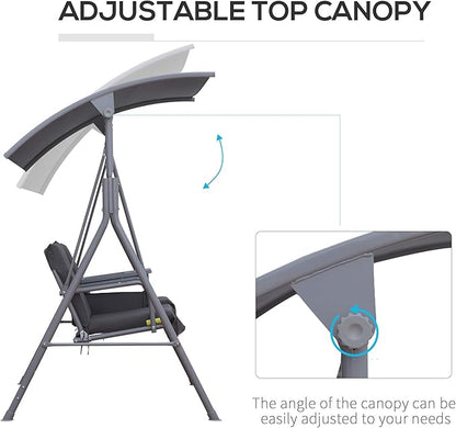 Porch Swing for 2 with Canopy, Storage Tray & Cup Holders, Gray