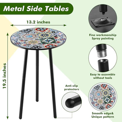 2 Packs Metal Mosaic Round Side Tables 13.4" Small Outdoor Patio Round Accent Coffee Tables Indoor Corner Stand for Small Spaces Weather-Resistant for Balcony, Porch Plant Stands Indoor, Mixed Mosaic