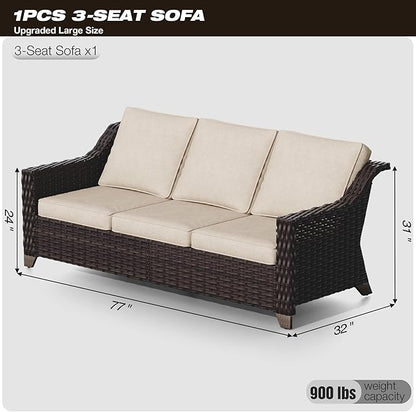 Joyside Patio Sofa - 3 Seater Rattan Sofa, All Weather High Back Sofa, Upgraded Large Size with 4inch Seat Cushions for Backyard, Garden, Poolside (Brown/Beige)
