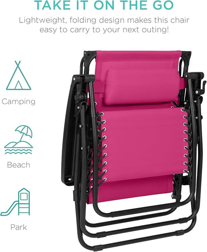 Best Choice Products 30” Wide Folding Zero Gravity Outdoor Recliner Patio Lounge Chair w/Adjustable Canopy Shade, Headrest, Side Accessory Tray - Hot Pink/Black