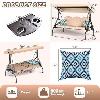 3 Seat Outdoor Porch Patio Swing with Stand 800lbs 2-in-1 Convertible Swing Bed with Adjustable Canopy & Removable Cushion for Yard Garden Deck (Khaki, Round Tube)