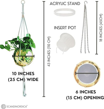 SCANDINORDICA Disco Ball Planter – Value Package: Mirror Disco Planter with Chain, Macrame Hanger and Acrylic Stand for Desk, Includes Self Watering Pot, Plant Accessories | 10 inch Gold