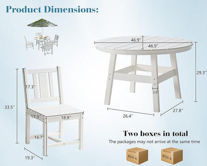 AMERLIFE 5 Piece HDPE Outdoor Dining Table & Chairs Set, All-Weather Patio Table and Chairs Set Furniture with Umbrella Hole for Garden, Backyard, Poolside, Seaside, White