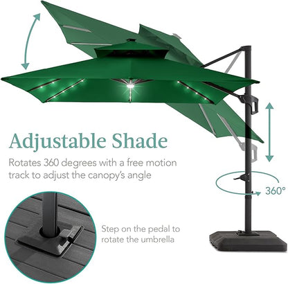 Best Choice Products 10x10ft Cantilever Patio Umbrella w/Base Included, Solar LED Lights 360 Rotation Large Offset Hanging Outdoor Shade for Deck Pool Backyard w/Stand – Green