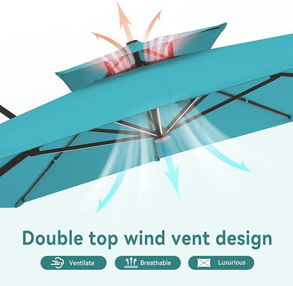 10 X 13 FT Cantilever Outdoor Patio Umbrella with Led Lights Large Heavy Duty 360° Rotation Double Top Offset Rectangular Umbrellas for Backyard Garden Pool Outside Deck, Turquoise