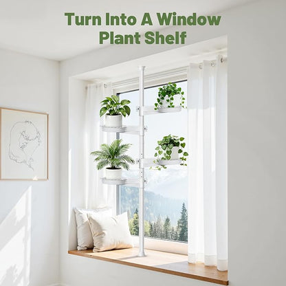 Tension Rod Plant Stand, Plant Poles for Hanging Plants Indoor, 6 Tier Tension Pole Plant Hanger, Floor to Ceiling Plant Pole with 6 Trays Hanging Plant Stand, White