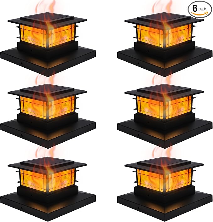 Dynaming 6 Pack Solar Post Cap Lights Outdoor with Flickering Flame Light, Fence Post Solar Lights Fit for 4x4 5x5 6x6 Vinyl/Wooden Posts, High Brightness SMD LED Lighting Decor for Garden Deck Patio