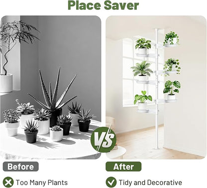 Tension Rod Plant Stand, Plant Poles for Hanging Plants Indoor, 6 Tier Tension Pole Plant Hanger, Floor to Ceiling Plant Pole with 6 Trays Hanging Plant Stand, White