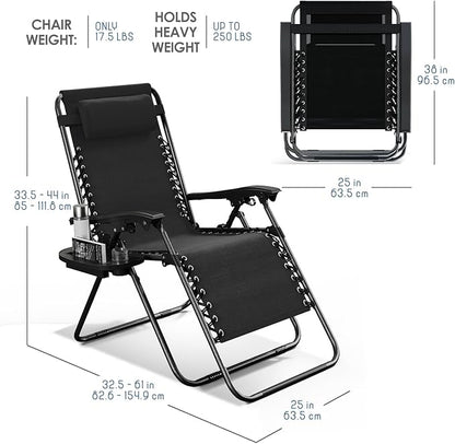Nestl Zero Gravity Chairs Set of 4, Patio Lounge Chair Outdoor with Pillows & Cup Holder Trays, Adjustable Steel Mesh Reclining Camping Chair, Folding Patio Lawn Chair for Deck, Beach, Yard - Black