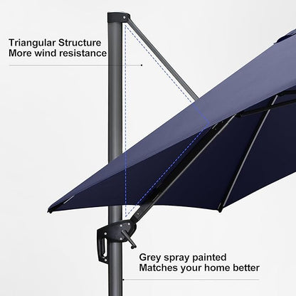 PURPLE LEAF 10 Feet Patio Umbrella Solar Powered LED Square Outdoor Cantilever Umbrella with LED Lights Aluminum Offset Umbrella with 360-degree Rotation for Garden Deck Pool Patio Navy Blue