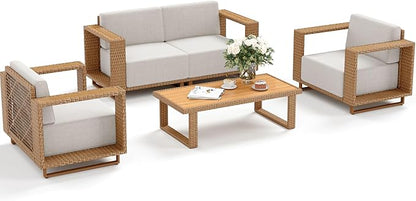 5 Pieces Patio Furniture Set,Outdoor Rattan Wicker Conversation Set with 10''Ultra-Thick Cushions,All Weather Patio Conversation Set for Lawn Garden Backyard,Beige