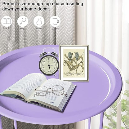 Garden 4 you End Table 2 PCS Metal Side Table Purple Round Folding Tray Cyan Sofa Small Accent Fold-able Table, Round End Table Tray, Next to Sofa Table, Snack Table for Living Room and Bed Room