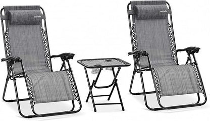 SereneLife Outdoor Zero Gravity Lounge Chair Set with Table – 2 Adjustable Recliners with Cup Holders, Headrest, Steel Frame & Foldable Design for Patio, Pool, Garden, or Camping
