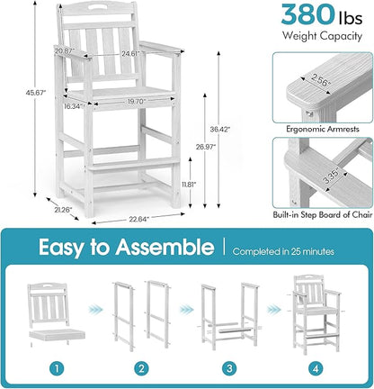 Ciokea Heavy Duty Bar Height Chair, 380lbs Outdoor Adirondack Tall Bar Chair Patio Stool with Arms & High Back, Heavy Duty All-Weather for Balcony, Poolside, Deck and Garden, White