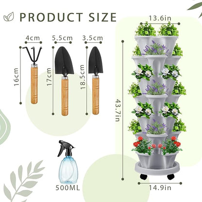 Umigy 2 Set Light Gray 7 Tier Stackable Vertical Planters with Removable Wheels and Tools Tower Planters Strawberry Herb Flower Vegetable Pots Indoor Outdoor Gardening Pots