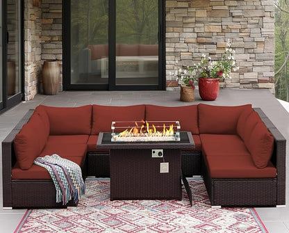 NICESOUL 9 Pcs Large Patio Furniture Set with Fire Pit Propane/Natural Gas, 29.3'' High Back Wicker Outdoor Sectional for 8 People, Modular Deep Sofa Conversation Sets, Brown Rattan and Red Cushion