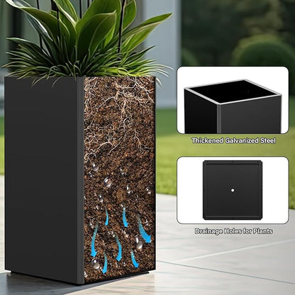 24" Tall Planter for Outdoor Plants, Modern Large Outdoor Galvanized Steel Flower Pots, Front Porch Decor, Garden Pots, Black Planters for Indoor/Outdoor, Patio, Balcony