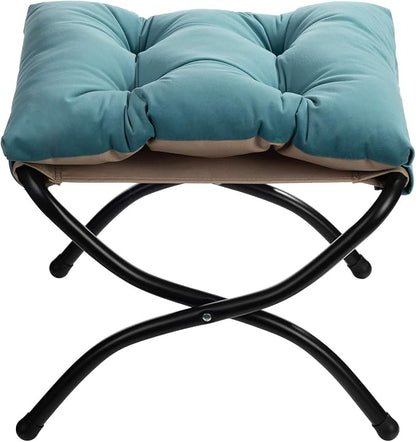 AbocoFur 15"(H) Folding Footrest Stool, Accent Padded Sofa Foot Stool for Lazy Chair, Upholstered Small Foldable Ottoman, Metal Frame Portable Foot Rest Ottoman for Living Room, Bedroom, Lake Blue