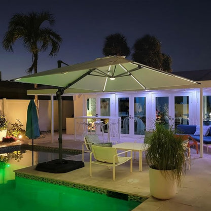 PURPLE LEAF 10 Feet Patio Umbrella with Base Outdoor Cantilever Solar Powered LED Square Umbrella Aluminum Offset Umbrella with 360-degree Rotation for Garden Deck Pool Patio, Beige