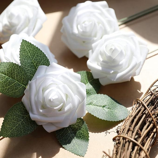 Artificial Flowers, 100 Pack White Foam Roses with Wire Stems
