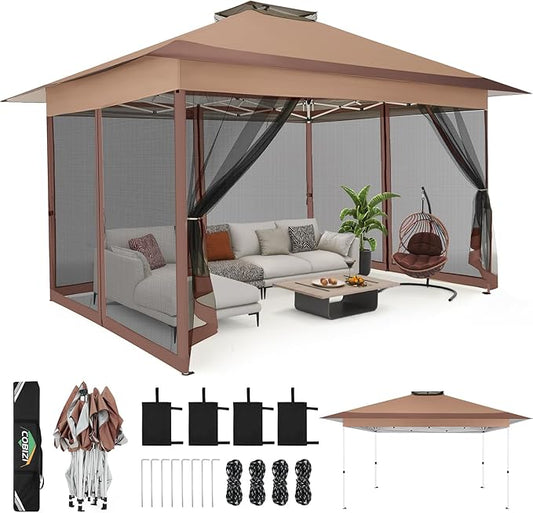 C0BIZI Gazebo 10x15 Pop up Canopy,Gazebos on Clearance-Canopy Tent with Mosquito Netting for Lawn,Garden,Backyard & Patio-Outdoor Tent-Water Resistant and UPF50+ (Brown)