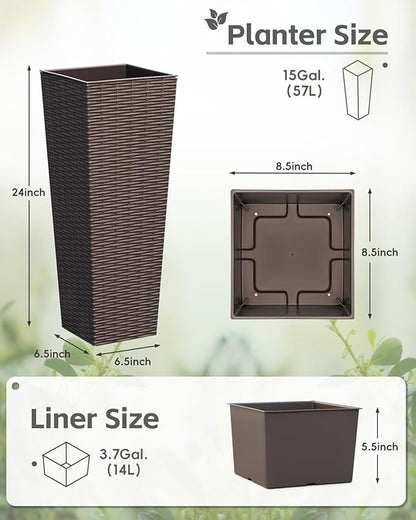 Greesum 24 Inch Tall Plastic Planters (Set of 2), Detachable Inner Pot & Drainage Holes, Outdoor Decorative Flower Pots for Large Plants, Trees, Patio, and Garden, Brown