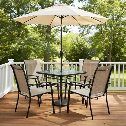 Tangkula 32" Square Outdoor Dining Table with Tempered Glass Top, Outside Bistro Table with 2" Umbrella Hole & Metal Frame, Patio Dining Table for Backyard, Lawn, Deck & Poolside
