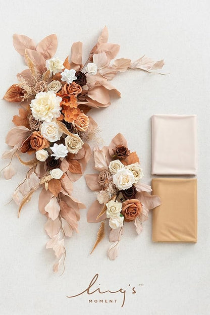 Artificial Flowers Wedding Arch Set, 4 Pieces, Orange-Rust Sepia Silk