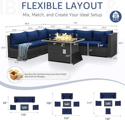 NICESOUL 29.3'' High-Back Outdoor Patio Conversation Set with Fire Pit Table Gas Propane Dual-Fuel, 7 Pcs Oversized Deep & Wide Seated Wicker Sectional Sofa Furniture Set with Firepit, Navy Blue