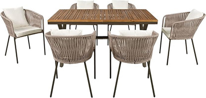 Merax 7 Pieces Patio Dining Table and Chairs, All-Weather Outdoor Furniture Set, Acacia Wood Tabletop, Metal Frame, for Garden, Backyard, Balcony, Beige