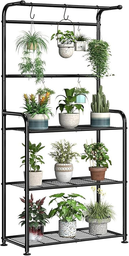 Plant Stands Outdoor with Hooks, Metal Tall Plant Shelves Indoor for Hanging Planter, Black