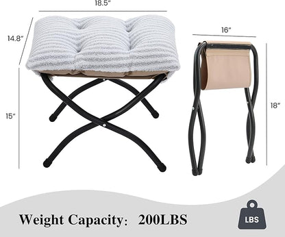 15"(H) Folding Ottoman, Foldable Footrest Stool, Portable Small Foot Stool for Couch, Collapsible Foot Rest Ottoman for Sofa, Accent Padded Ottomans for Living Room, Bedroom, Stripe Grey