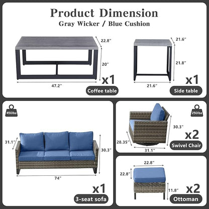 Belord 7 Piece Outdoor Furniture Patio Wicker Sofa Set, Oversize Outdoor Swivel Rocker Chairs with Rattan Ottomans, Conversation Sets Patio Furniture Come with Removable Washable Cushion Blue