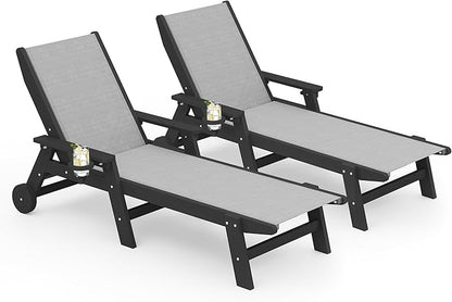 SERWALL Textilene Patio Chaise Lounge Chair Set of 2, 5 Positions Outdoor Lounger with Rolling Wheels for Pool, Deck, Black