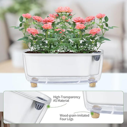 Self Watering Planter with Coco Coir Pellets, 11.8 Inch Plastic Rectangular Windowsill Plant Pot with Drainage Holes, High Clear Modern Decorative Flower Pot for Indoor Plants, African Violets
