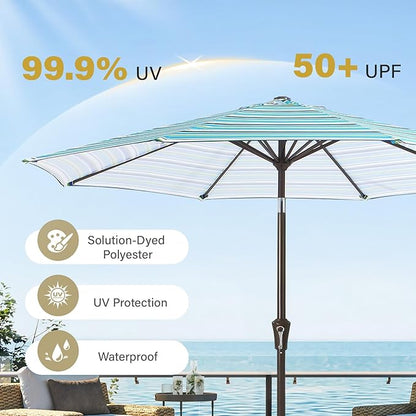 MEWAY 9ft Patio Umbrella Outdoor Table Umbrellas with Push Button Tilt and Crank, Market Umbrella 8 Sturdy Ribs for Deck, Garden, Pool and Backyard, Blue Green Stripe