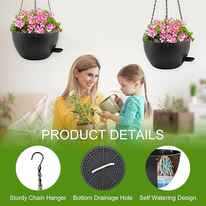 12 inch Hanging Planters for Indoor Plants, 2 Pack Self-Watering Hanging Planter Pots with Chain and Drainage Holes, Outdoor Plastic Hanging Baskets for Garden Home Decor (Black, 2pcs/12inch)