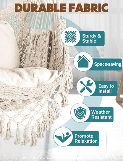 Chihee Hammock Chair Super Large Soft-Spun Cotton Rope Weaving Hanging Chair, Collapsible Strong Metal Spreader Bar Wide Seat Lace Stretch Swing Chairs Indoor Outdoor Garden Yard Theme Decoration