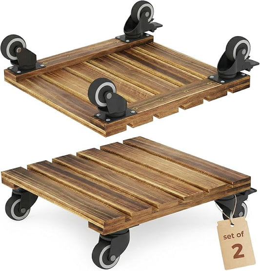 Bamworld 14 Inch Large Plant Stand Wood Plant Caddy with Wheels Heavy Duty Plant Dolly with 360 Lbs Capacity, 360° Lockable Wheels for Large Plant Pots, Indoor and Outdoor Use 2-Pack
